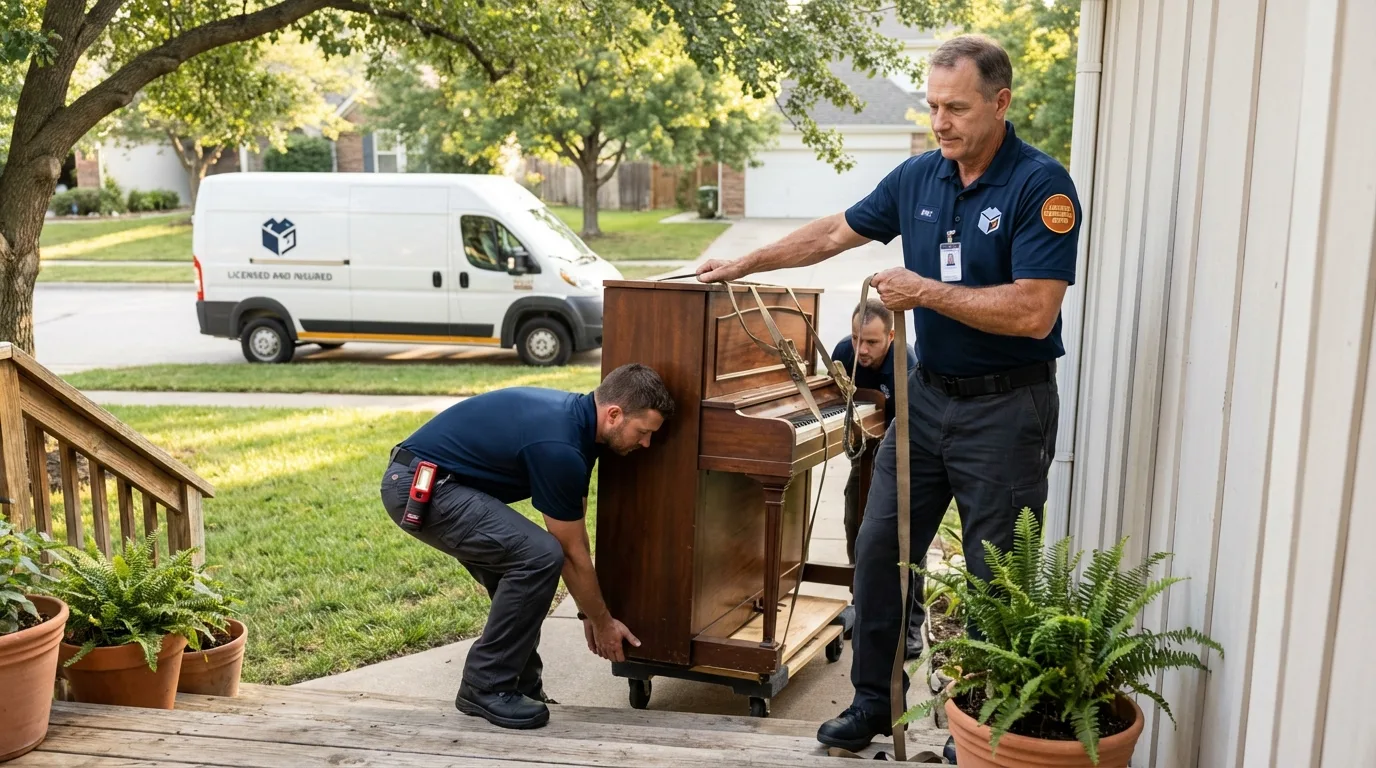 Licensed piano movers securing grand piano in Dover, TN