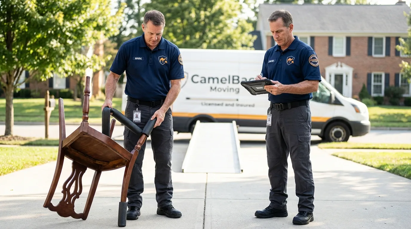 Movers inspecting furniture for damage prevention before loading in Dover, TN