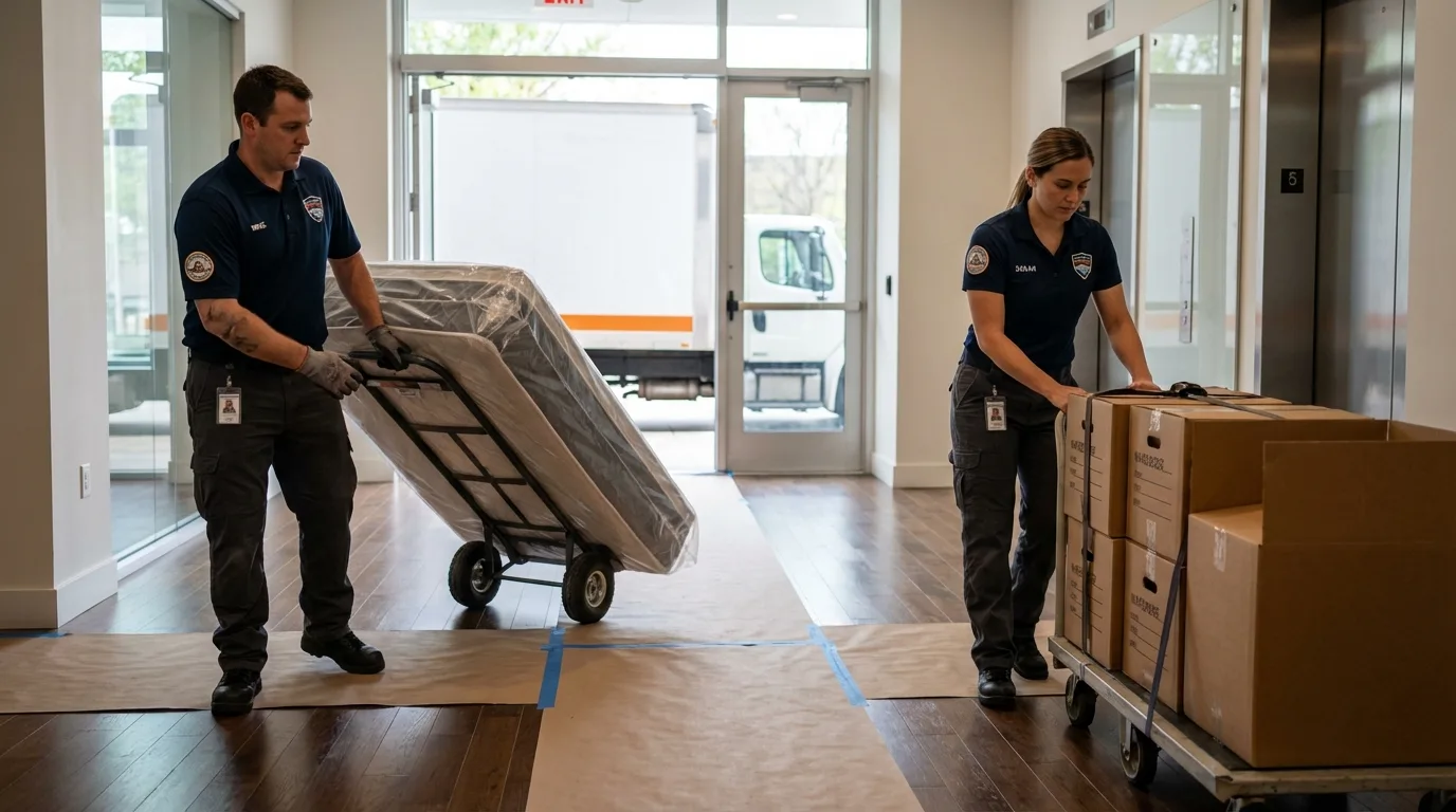Professional apartment movers loading elevator in Dover, TN